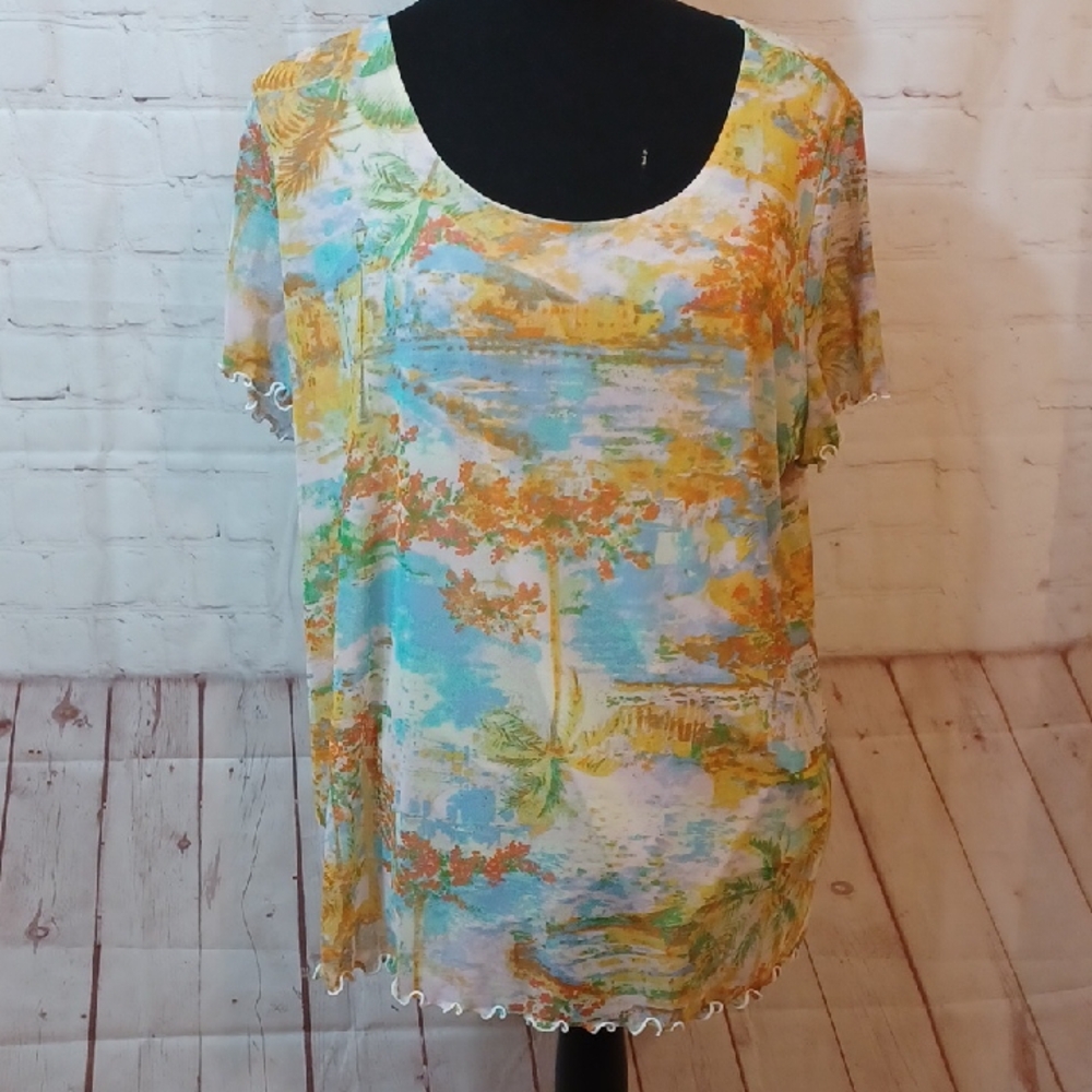Attitudes By Renee Mesh   Beachy  Lined Printed Short SleeveTop  NWT